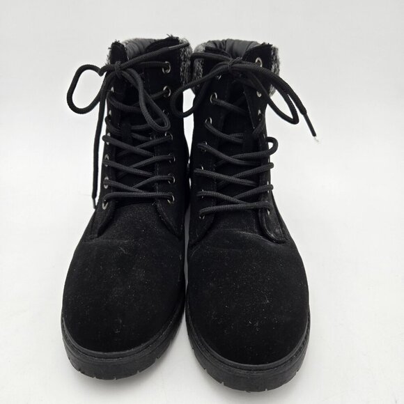 Blue Suede Shoes Boots Womens Black Lace up Faux Suede Size 9 EUC Knit Trim - Picture 2 of 7